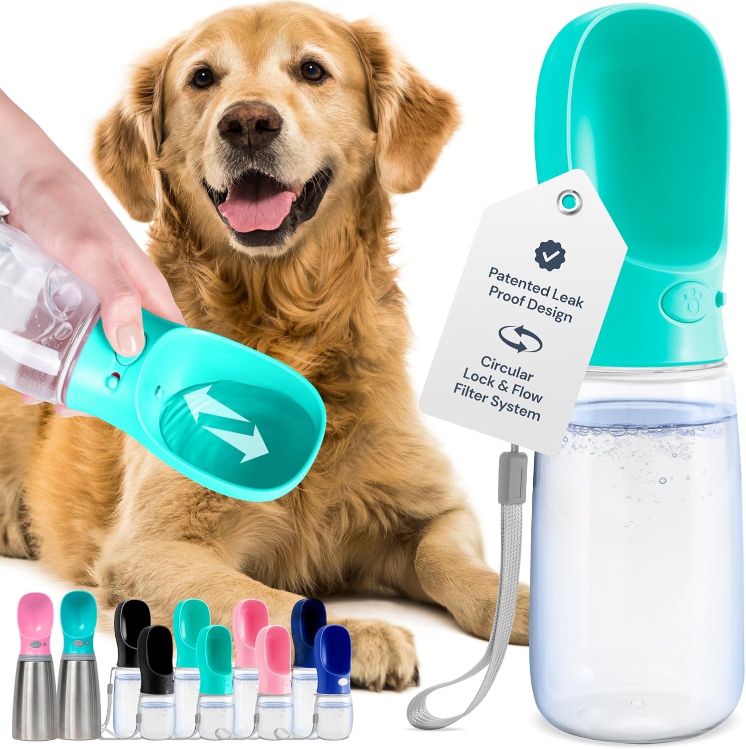 Leak-Proof Portable Dog Travel Water Bottle with Bowl - 19 Oz, Blue - Food Grade Plastic Pet Water Dispenser