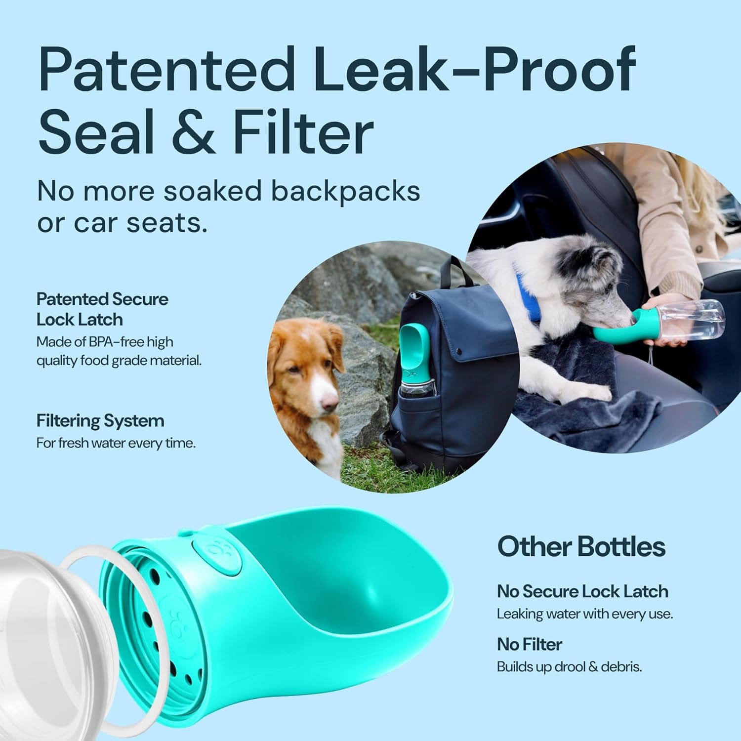 Leak-Proof Portable Dog Travel Water Bottle with Bowl - 19 Oz, Blue - Food Grade Plastic Pet Water Dispenser